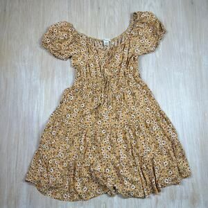 Passport Mustard Floral Peasant Dress Smocked Puff Sleeve Boho Summer Mini 2X